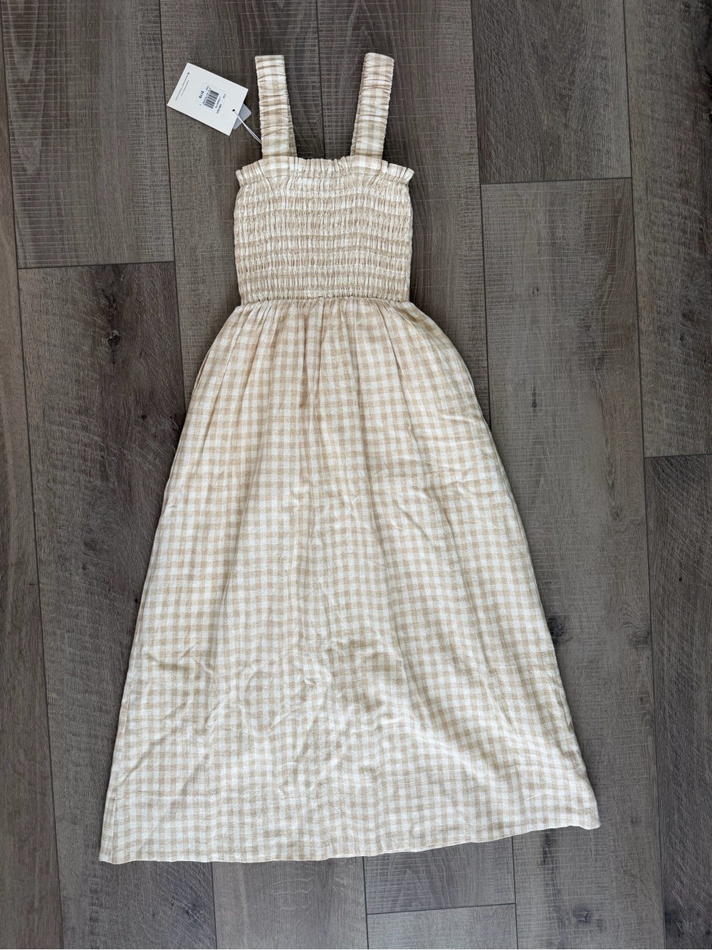 Staple the Label Smocked Gingham Sundress in Beige Cream